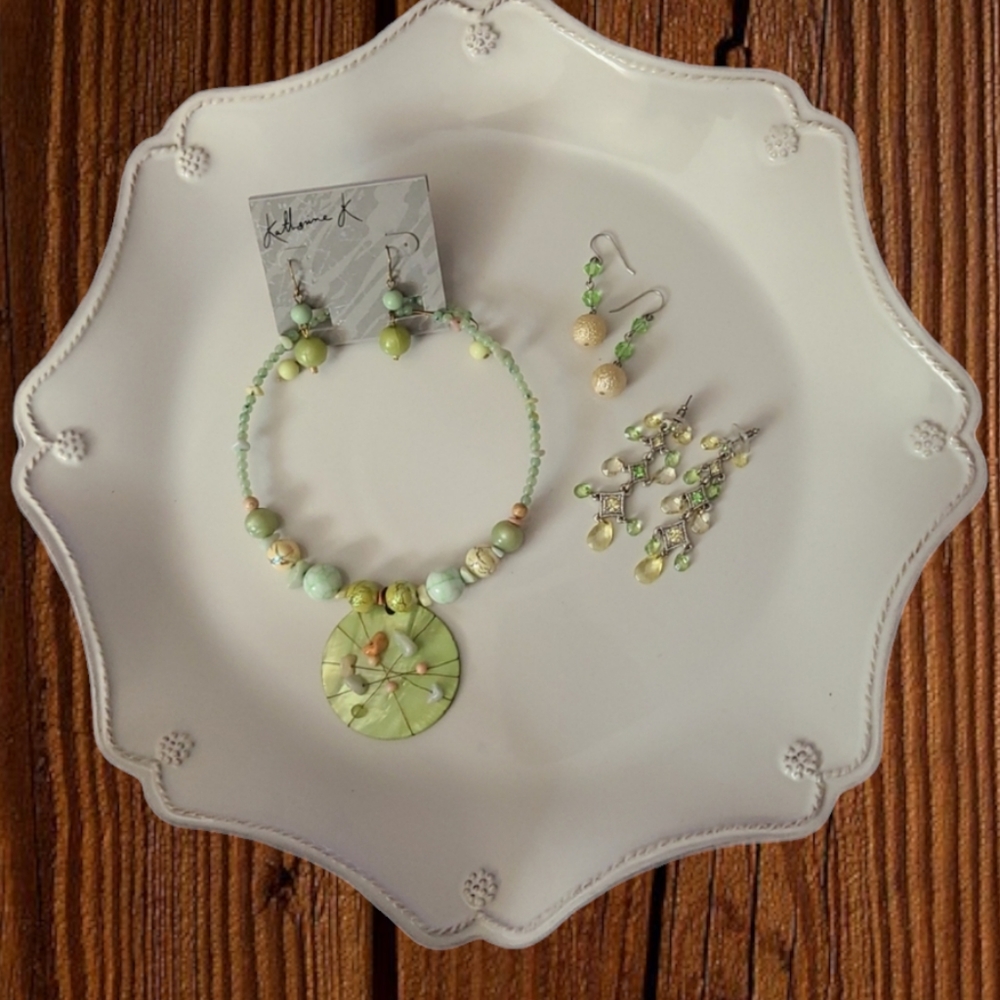 CLEARANCE! Yellow and Green Jewelry Set, 1 necklace and 3 pairs of earri…